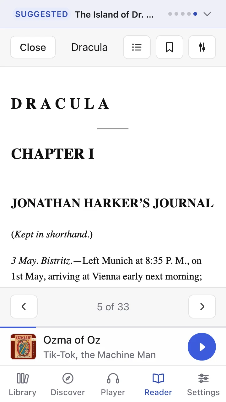 The ebook reader at chapter one of Dracula, with the player below it
