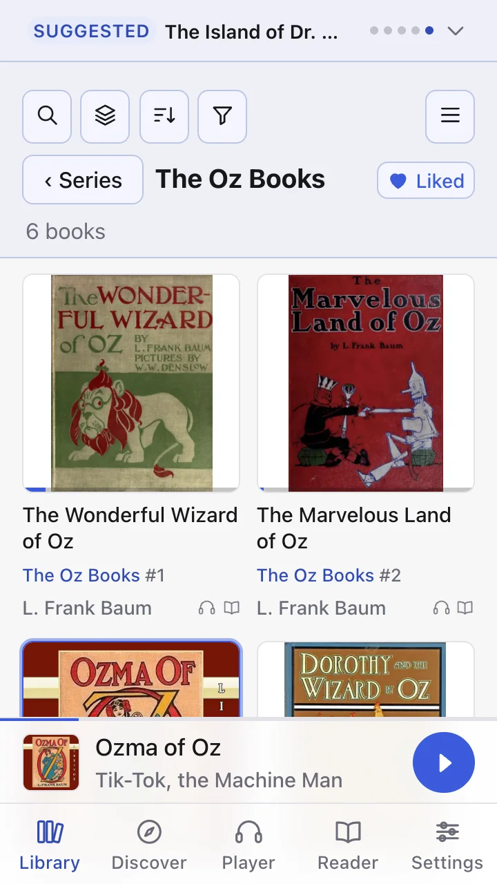 Browsing by series: the six Oz books, held across two servers, as one series